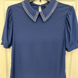 Chic Women's Blue Blouse with Embellished Collar